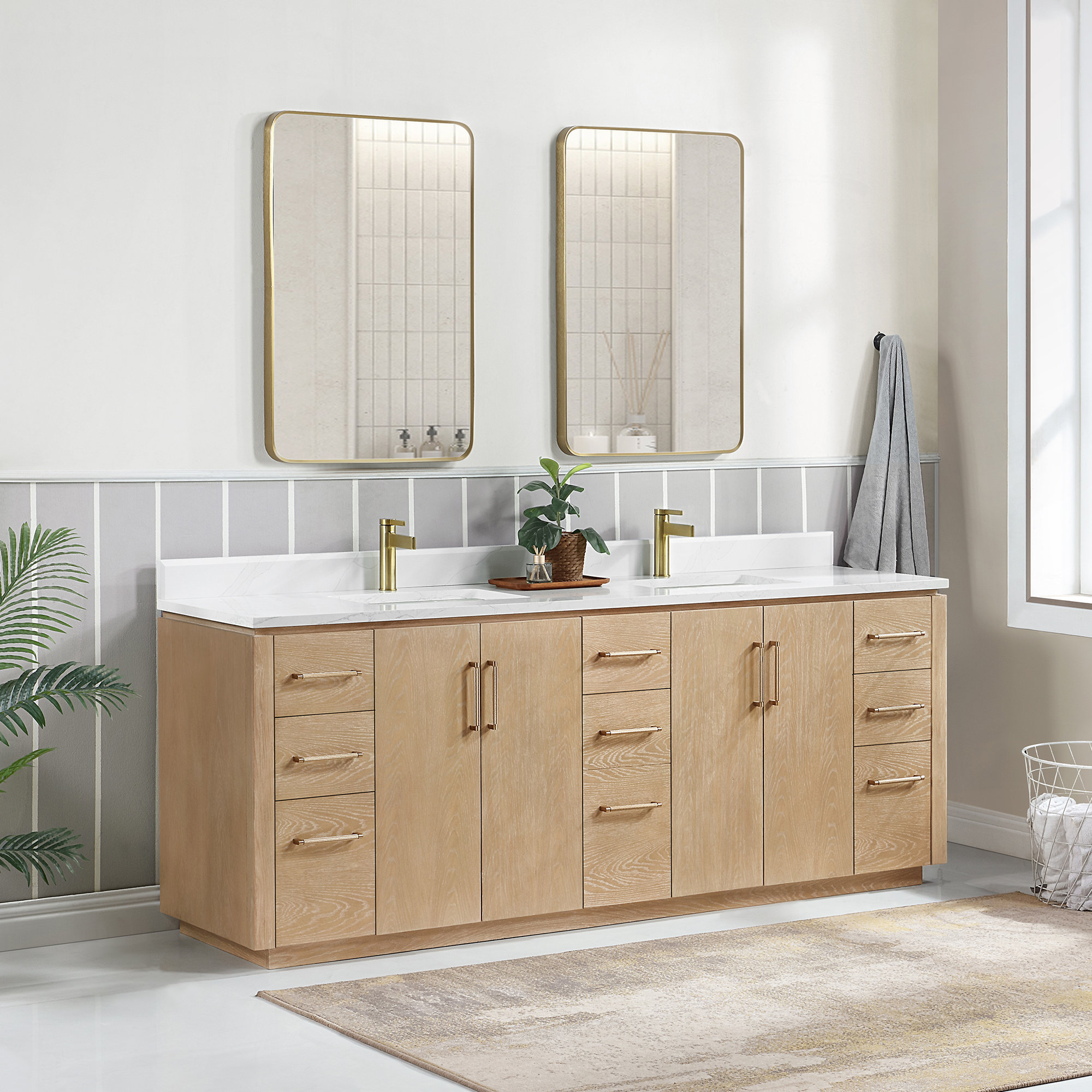 Cloverfield 84'' Double Bathroom Vanity, Gold, Washed Ash Gray