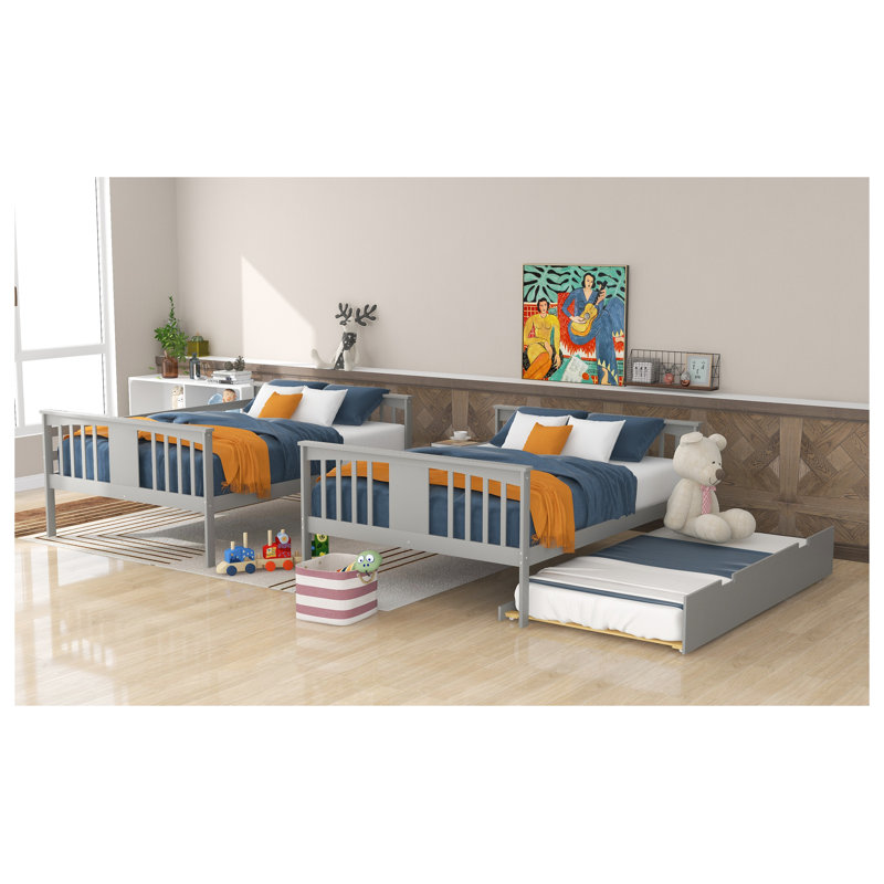 Lit double superposé au dessus d'un lit double avec gigogne simple et échelle - Mobilier de chambre d'enfant en bois massif gris pour économiser de l'espace