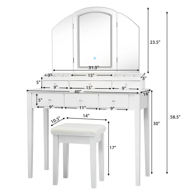 Ensemble coiffeuse Aoki avec tabouret et miroir, Blanc