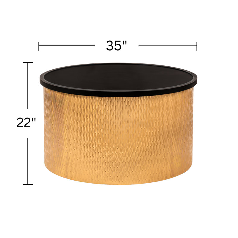 Modern Accent Cylindrical Round Coffee Table with Black Top, Gold