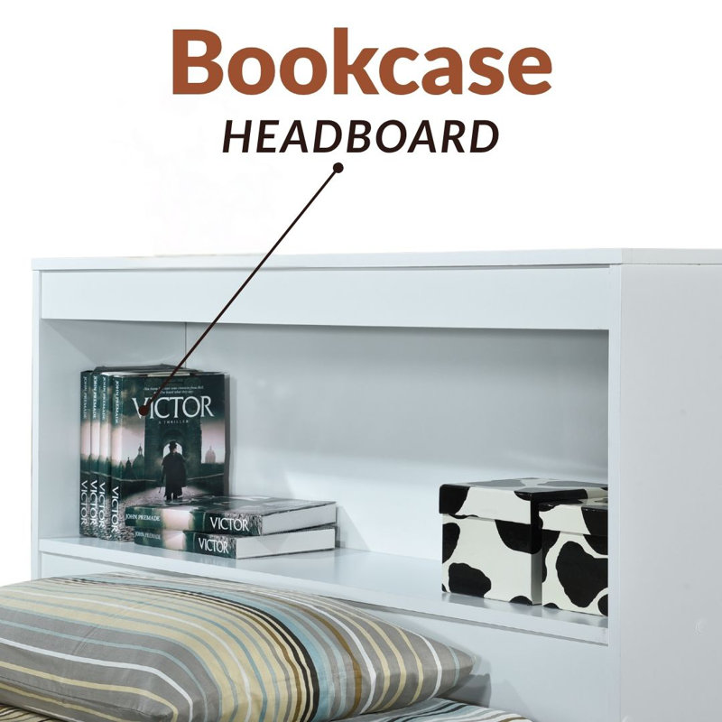 Lit plateforme simple avec tête de lit bibliothèque et 3 tiroirs pour les vêtements , Blanc
