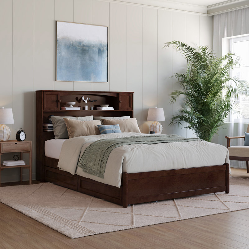 Akanthou Solid Wood Storage Bookcase Platform Bed with Footboard & Under Bed Drawers, Walnut, Full
