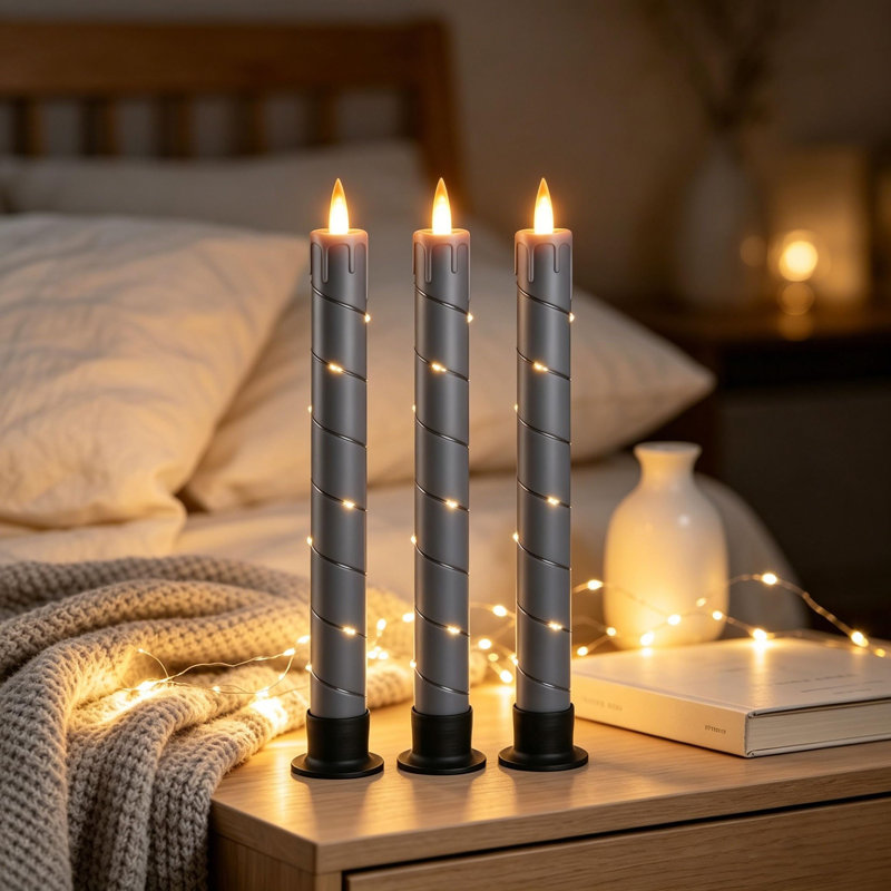 Unscented Flameless Taper Candle with Plastic Holder, Grey