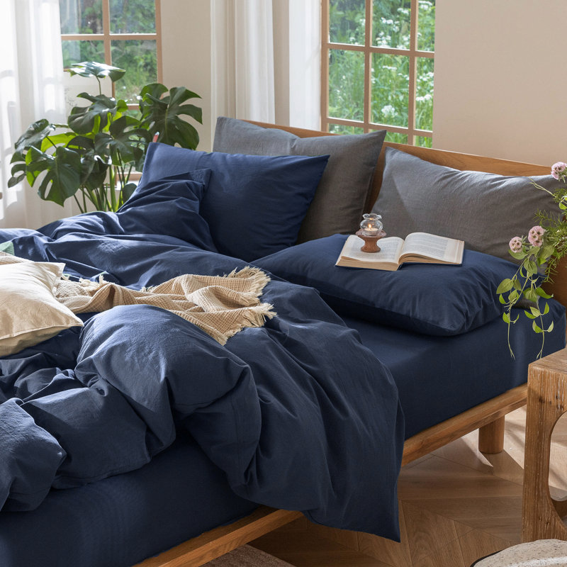 Ensemble de housse de couette 100% coton délavé MooMee, Housse de couette grand et 2 taies d'oreiller stan, Marine