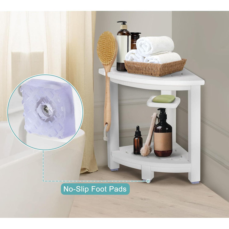 White HDPE Corner Shower Bench with Storage Shelf and Soap Box