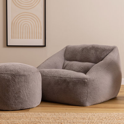 Natalia Faux Rabbit Fur Classic Bean Bag and Round Footstool