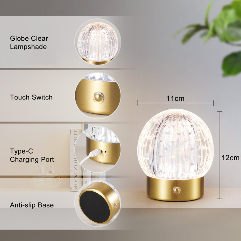Rechargeable LED Table Lamp, Small Battery Powered, Touch Operated Desk Lamp, Globe Shade, Gold