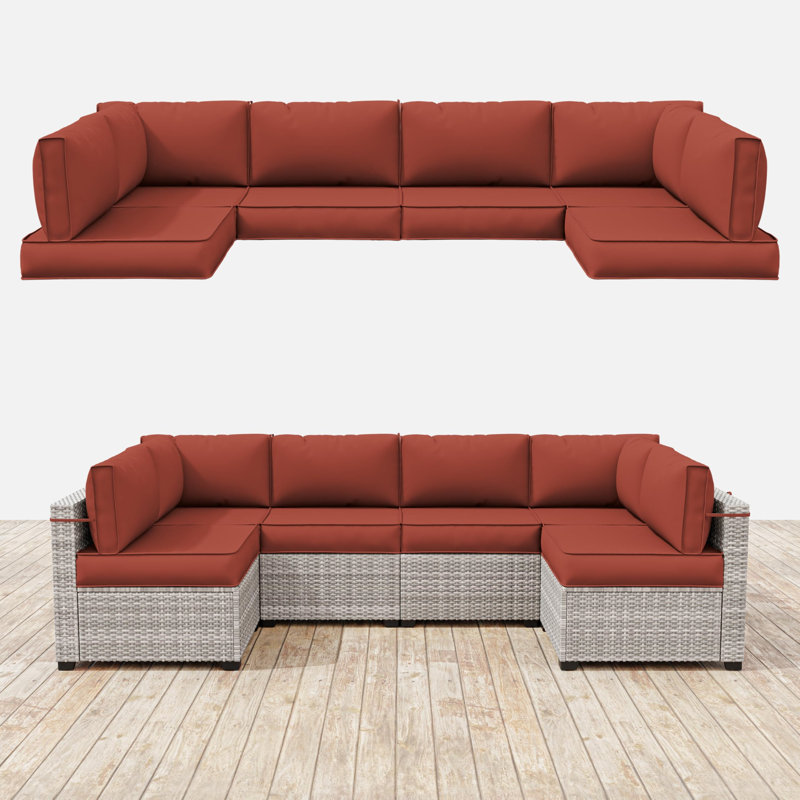 14-Piece Outdoor 4" Replacement Cushion Set Seat/Back Cushion (Set Of 6 Cushion , 6 Backrests , 2 Coner Cushions), Terra Red