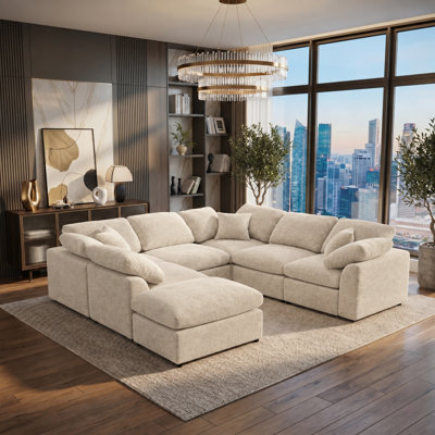 Canapé d'angle modulaire 7 places surdimensionné avec coussins moelleux et pouf amovible - Canapé en chenille en forme de L reconfigurable, agencement personnalisable pour les grands salons/appartements/bureaux (Beige)