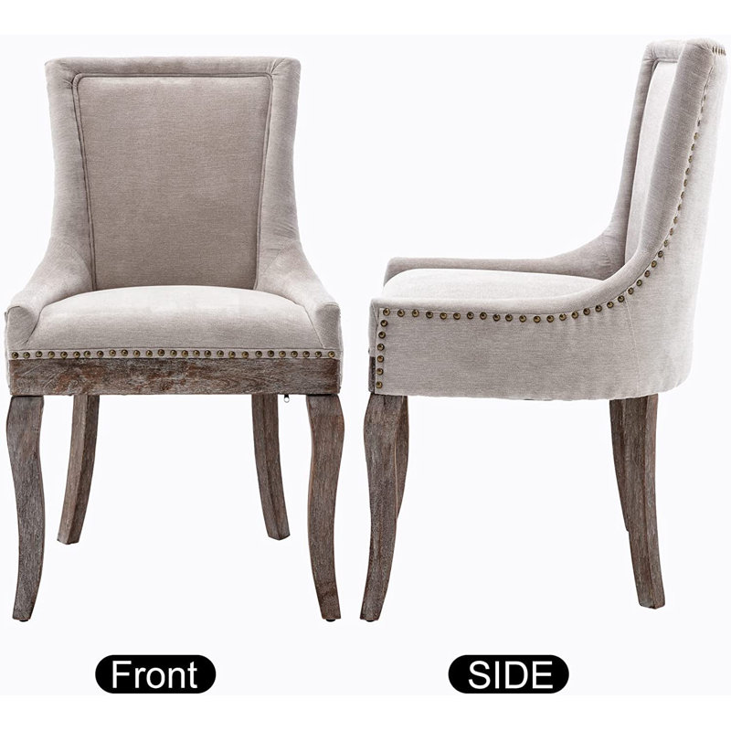 Beige Linen Upholstered Side Chair with Wooden Legs, Set of 2
