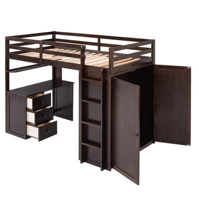 Twin Size Loft Bed With Drawers, Desk, And Wardrobe-Espresso