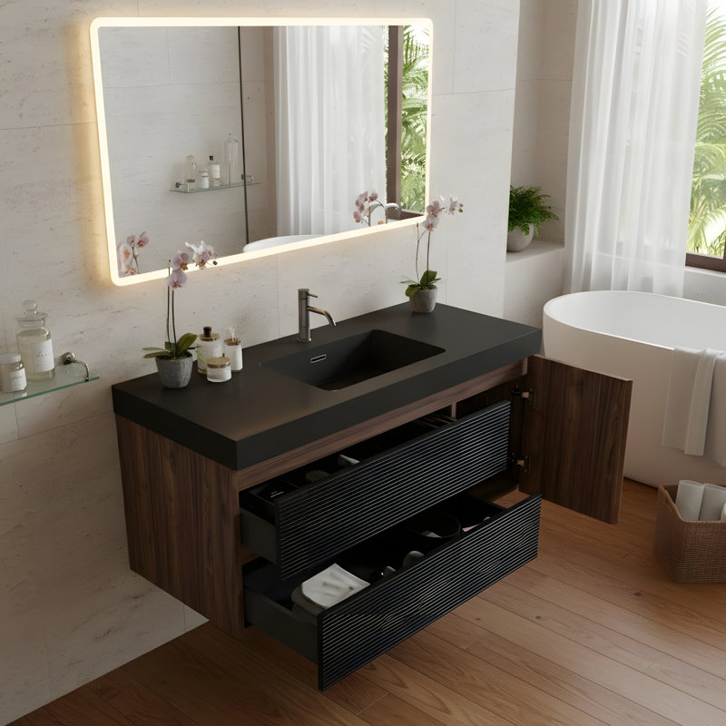Meuble-lavabo flottant mural mat noir