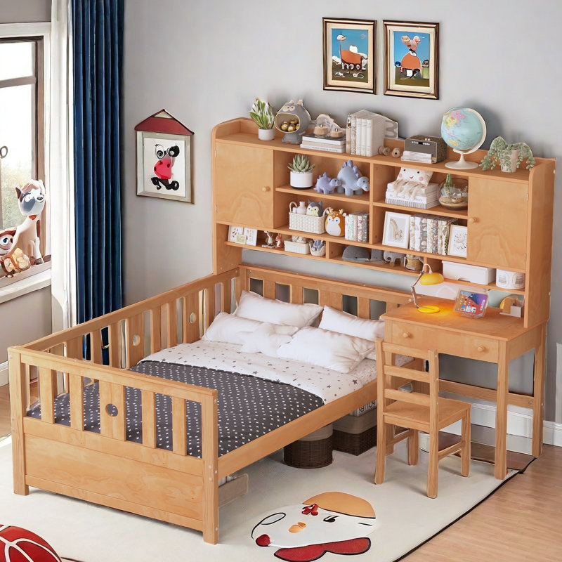 Multifunctional Wood Platform Bed With Bookshelf, Built-in Desk And Matching Chair, Natural