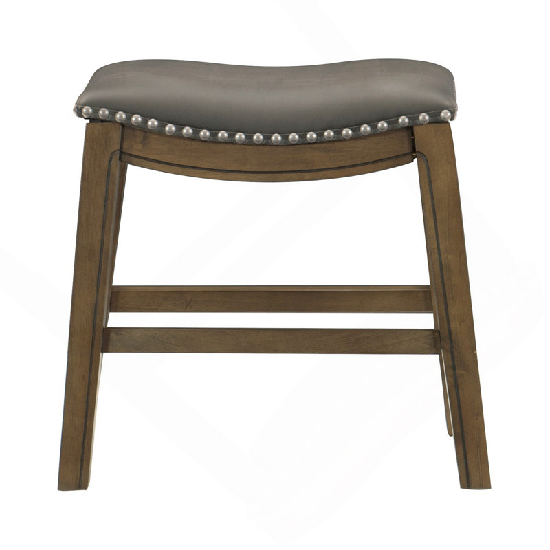 Tabouret de salle à manger 20 pouces Miel, similicuir gris, bois massif brun, têtes de clou