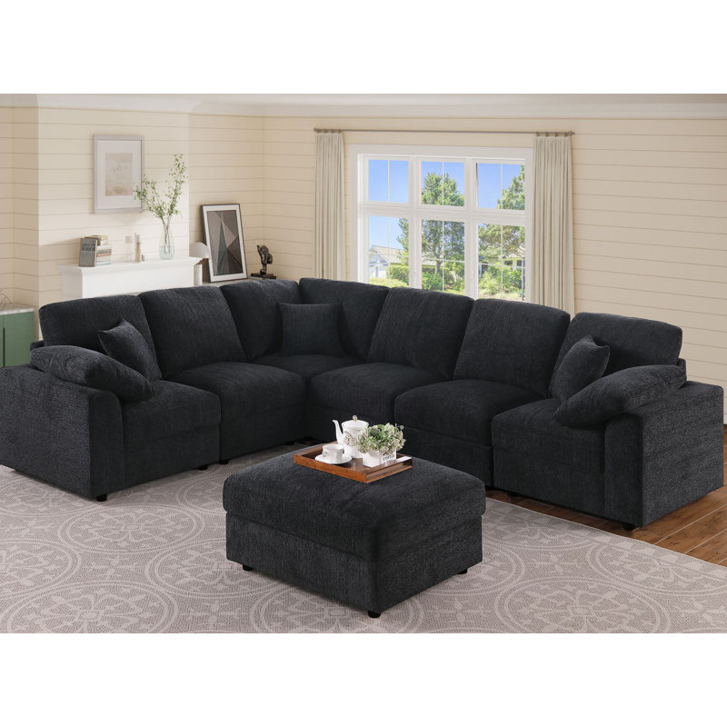 7-Piece Upholstered Corner Sectional, Black Chenille