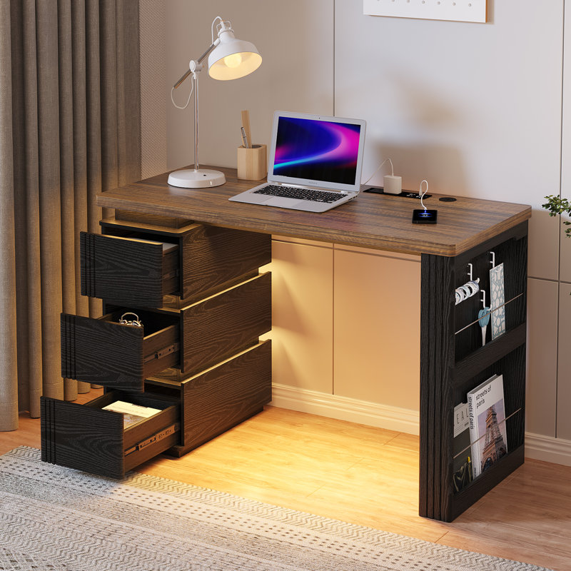 Computer Desk with LED Lights, Charging Ports, Drawers & Storage Shelves, Brown/Black