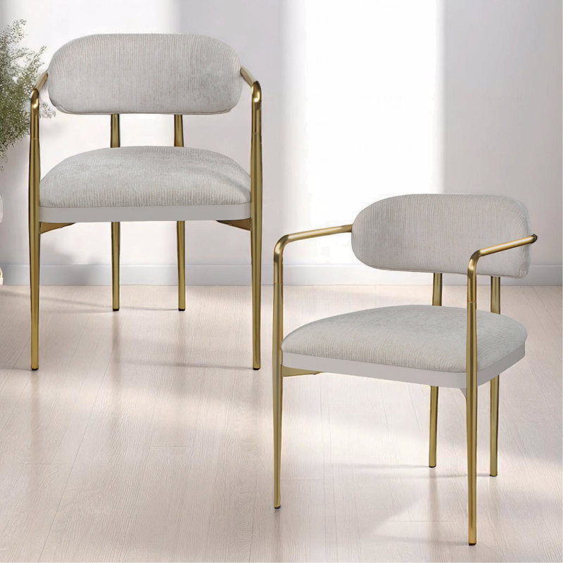 Ensemble de 2 chaises de salle à manger, accoudoirs en chenille beige avec pieds en métal doré