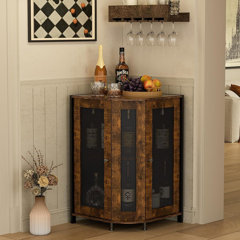 Corner Storage Cabinet With Open Shelf, 3-Tier Industrial Wine Bar Shelf With Door, Industrial Corner Cabinet For Kitchen, Living Room, Dining Room, Rustic Brown
