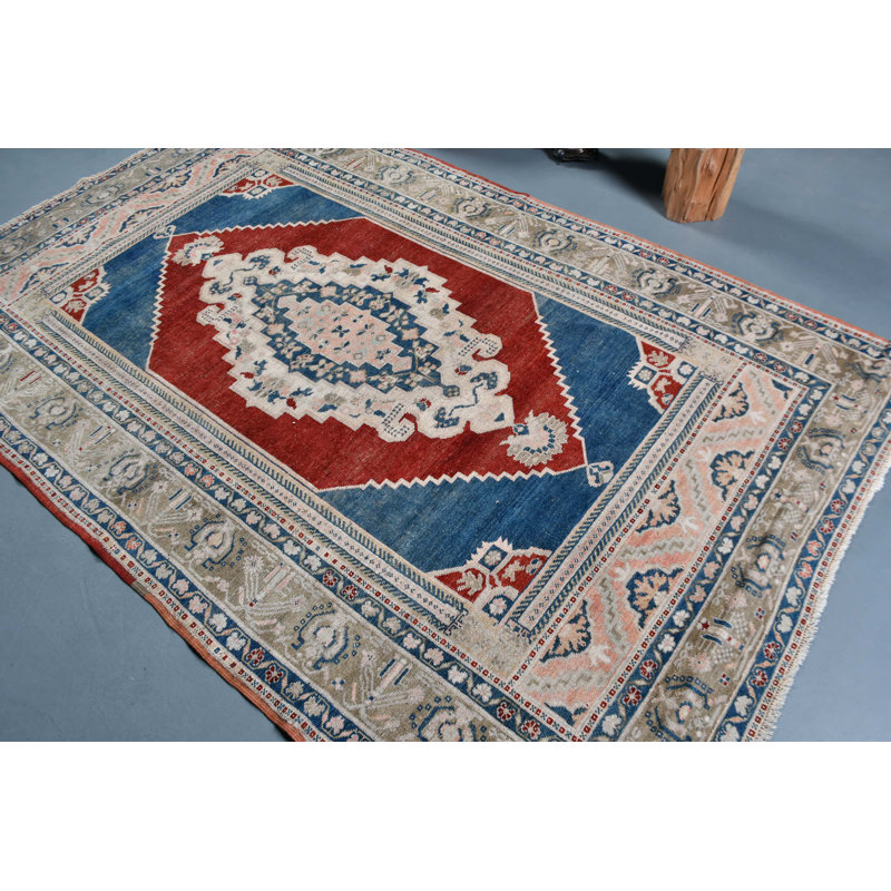 Tapis turc antique tissé à la main avec un motif géométrique rouge et bleu vif pour une décoration rétro bleue / rouge