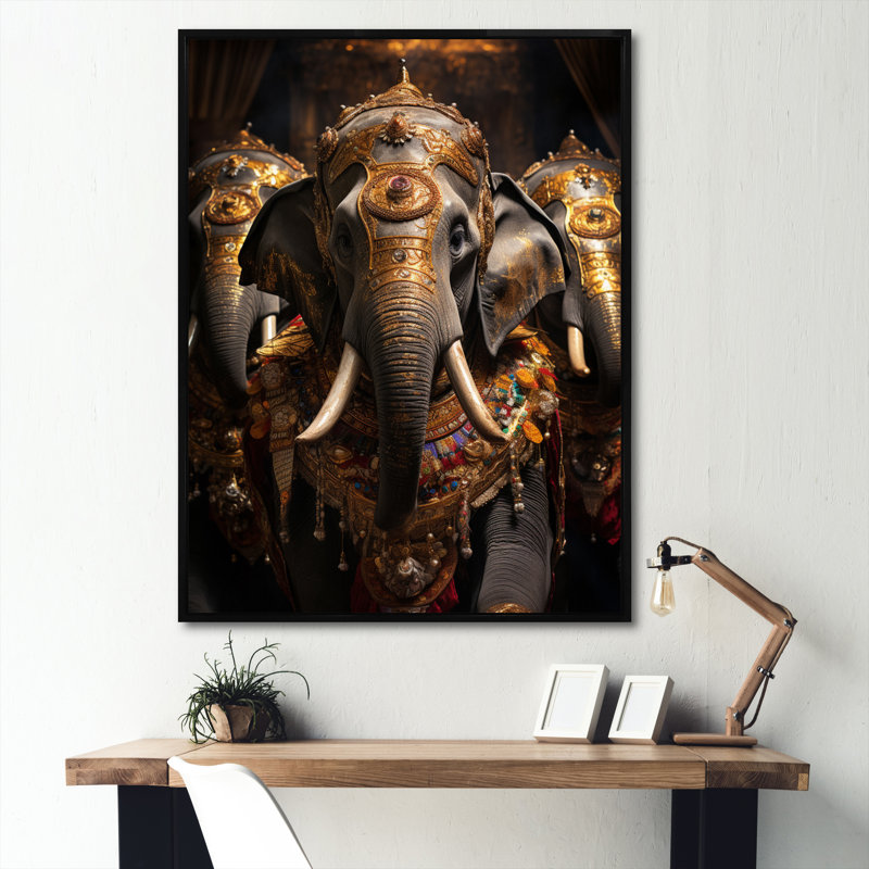 Art asiatique, éléphants thaïlandais sur toile, H 44 po x l 34 po x P 1,5 po, Cadre flottant noir