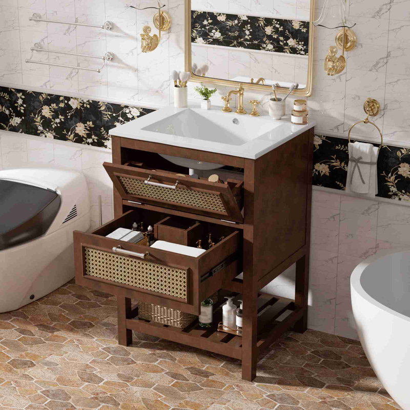 Meuble-lavabo 24 po avec lavabo en céramique intégré, Marron foncé