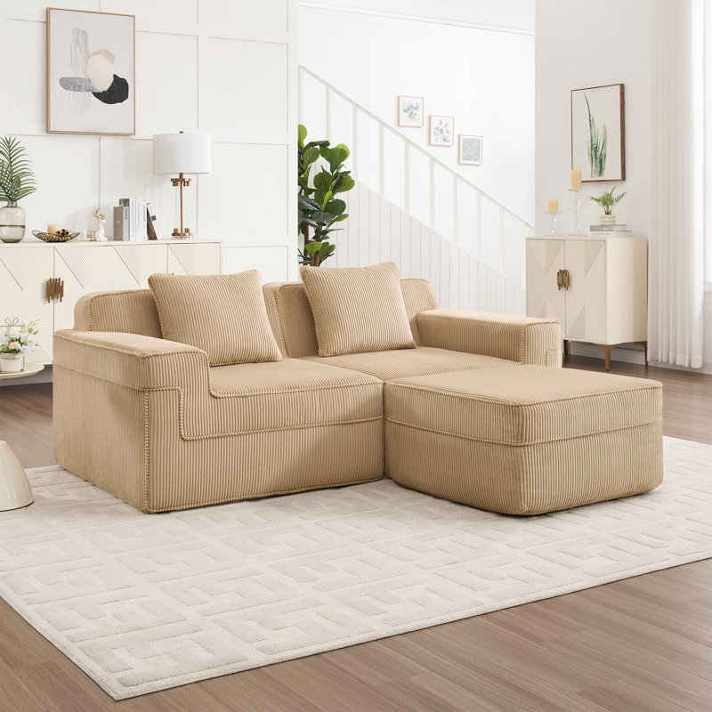 Camel Corduroy 2-Seat L-Shape Modular Boneless Cloud Sofa with Deep Seat, Movable Ottoman & Throw Pillows for Living Room