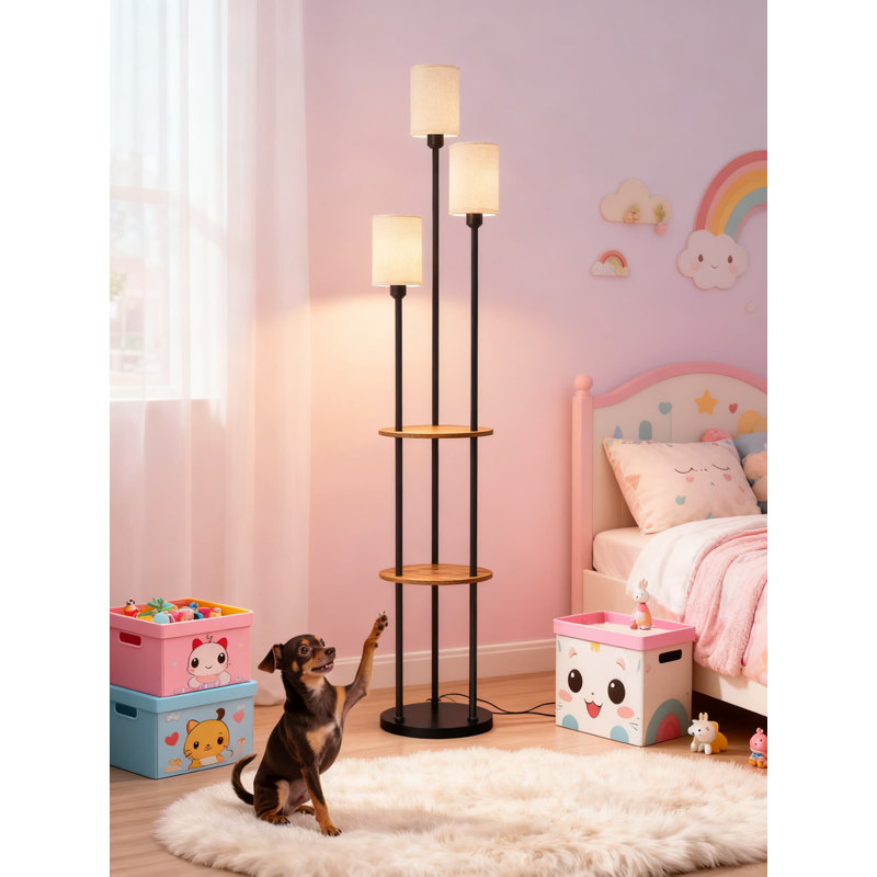 3-Tier Shelf Floor Lamp With Linen Shades, Modern Standing Lamp With Storage Shelves And Foot Switch, Multi-Head Light For Living Room, Bedroom, Office Study