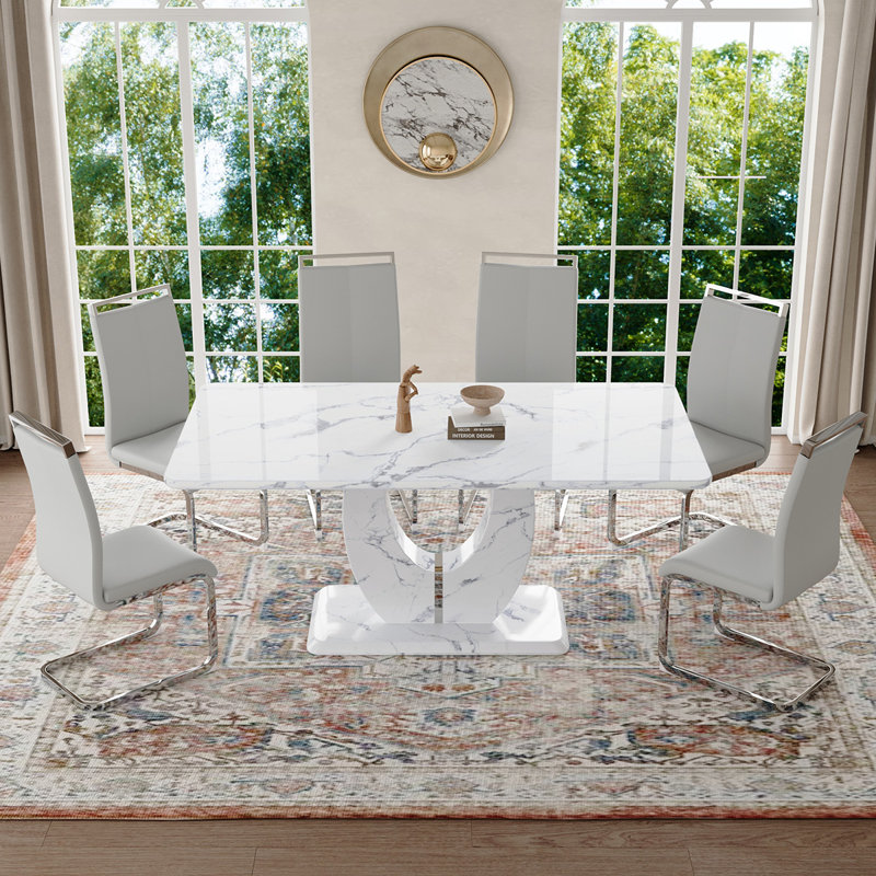 Ensemble de table de salle à manger, Gris léger / argent, Marbre blanc, 7 pièces