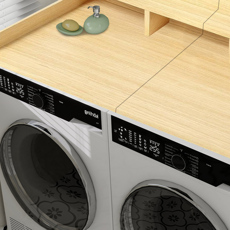 Comptoir de laveuse-sécheuse avec tablette, comptoir en bois à 2 niveaux avec rebord, Chêne
