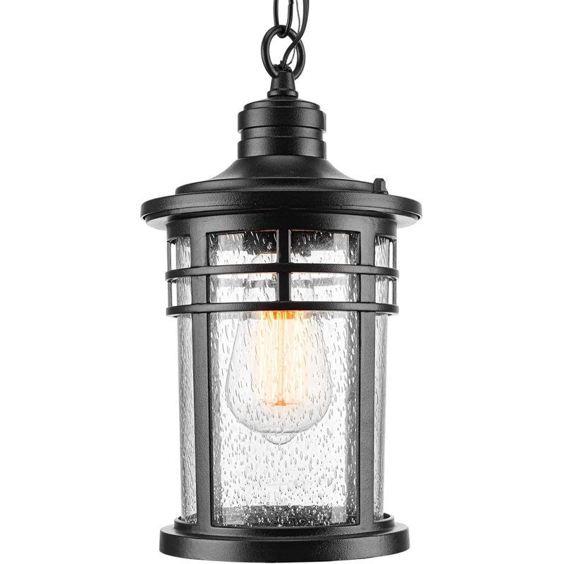 Luminaire suspendu noir d'extérieur avec verre ensemencé, lanterne à chaîne réglable pour vestibule de patio