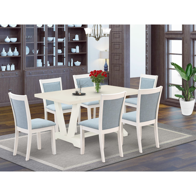 7-piece Modern Dining Set Contains a Wood Table and 6 Baby Blue Linen Fabric Mid Century Dining Chairs with Stylish Back - Wire Brushed Linen White.
