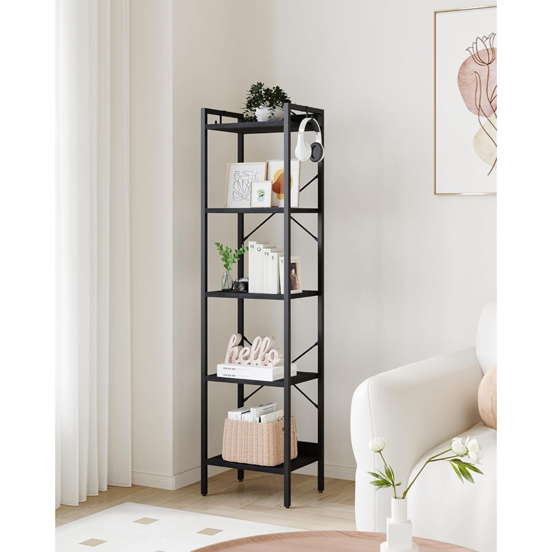Everlene Bookshelf, Book Shelf, Industrial Bookcase with 2 Hooks, Coner Shelf Storage Organizer for Home Office, Living Room, Bedroom, Kitchen