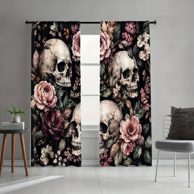 2 rideaux filtrant la lumière crâne-floral gothique 2 pièces, esthétique gothique rétro foncé Moody, motif orné distinct, conception à passe-tringle, rideaux toutes saisons pour le salon, la salle d'étude