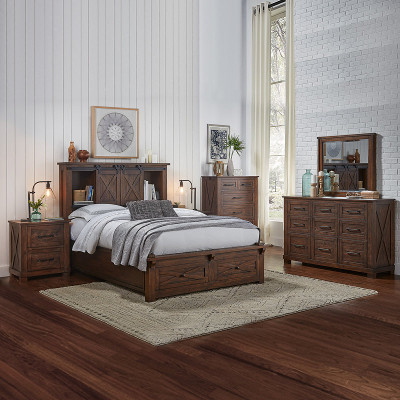 Carney Solid Wood Bookcase Storage Bed, Queen, Brown