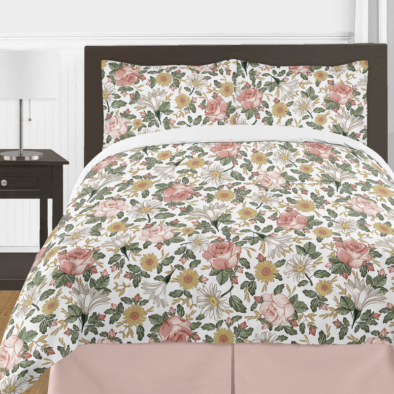 Pink and Green Floral Microfiber Full Bedding Set