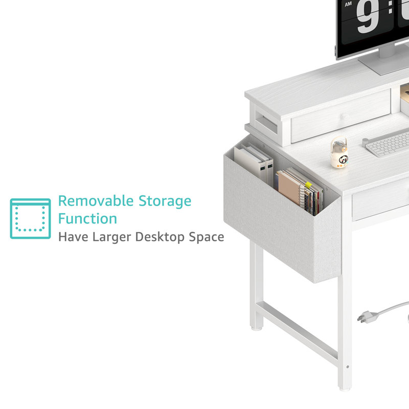 Small Computer Desk With Drawers & Monitor Stand Charging Station, White