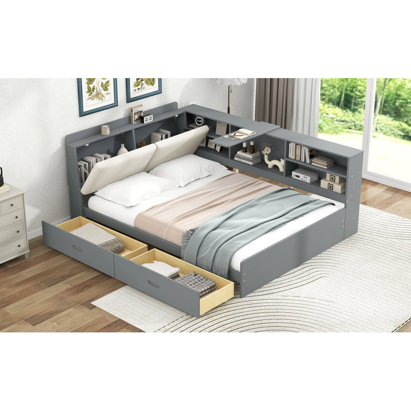 Wood Full Size Platform Bed With Storage Headboard, Shelves And 2 Drawers, Gray, Full