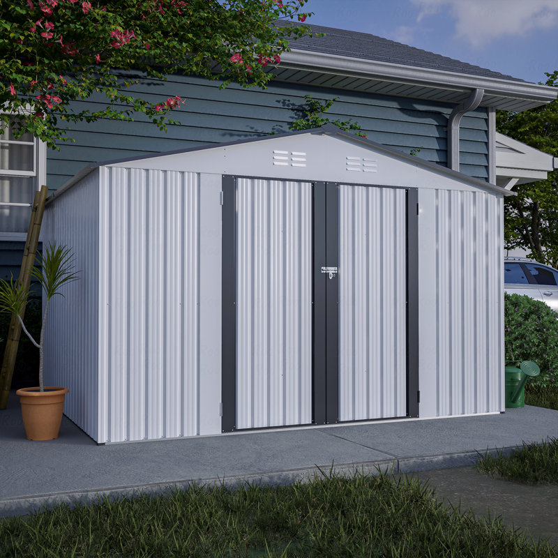 10X8 FT Outdoor Storage Shed, All Weather Metal Sheds With Lockable Doors, Tool Shed, White