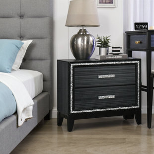 28" Contemporary Nightstand with Shimmering Silver Trim & 2 Drawers