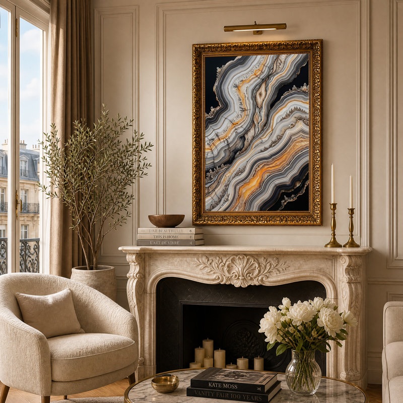 Tableau sur toile en tranches d'agate orange et grise superposées, H 24 po x l 16 po