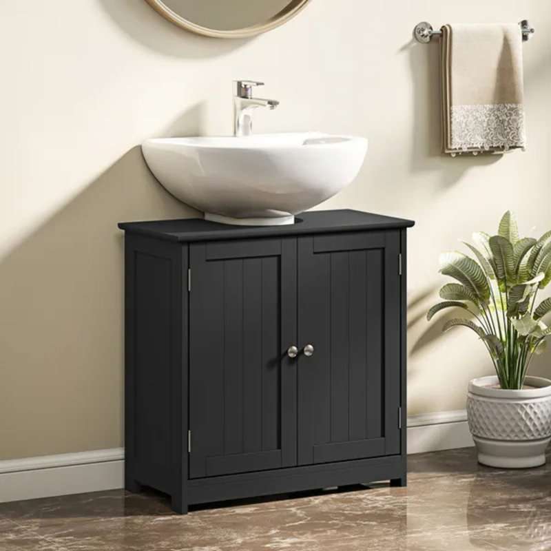 Armoire de rangement à piédestal noire, armoire sous évier avec découpe en U et tablette réglable