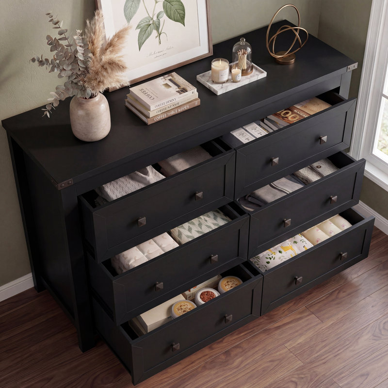 Jaretssi 6 - Drawer Double Dresser 42.7' W, Chest of Drawers with Metal Square Handle, Black/Gold