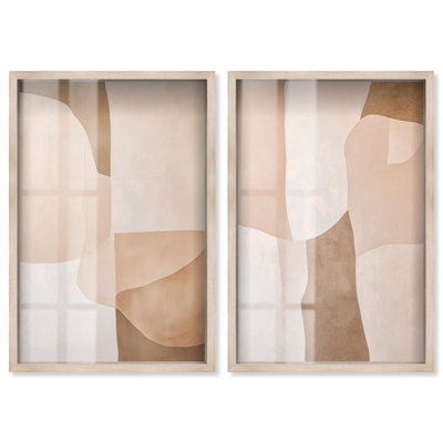 Beige Forms Duo Shadowbox Print Gold Boho Wall Decor Set by Art Remedy, Blonde Frame, 10 x 15