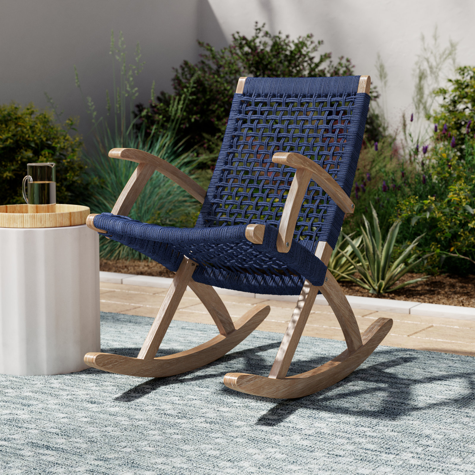 Brayson Eucalyptus Patio Rocking Chair, Light Brown/Blue Rope