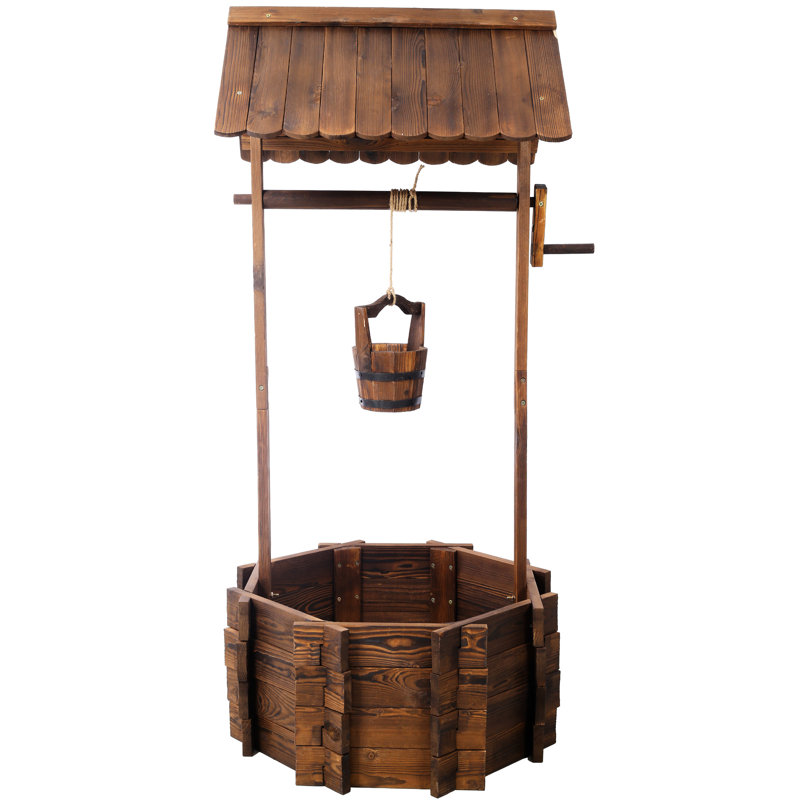 Wooden Rustic Wishing Well Planter For Yard Decor, With Hanging Bucket And Shade Resistance, 53H Outdoor Fascinate, 25X25x53 Brown