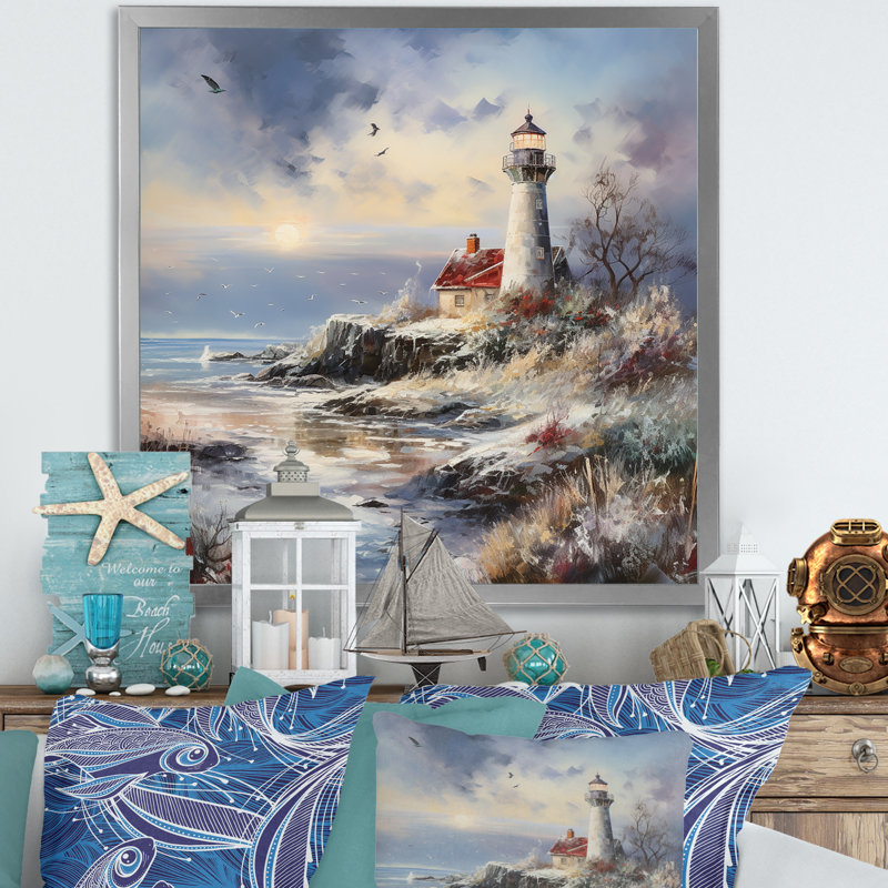 Charme de phare côtier en hiver, Cadre simple argenté, H 30 po x l 30 po x P 1 po