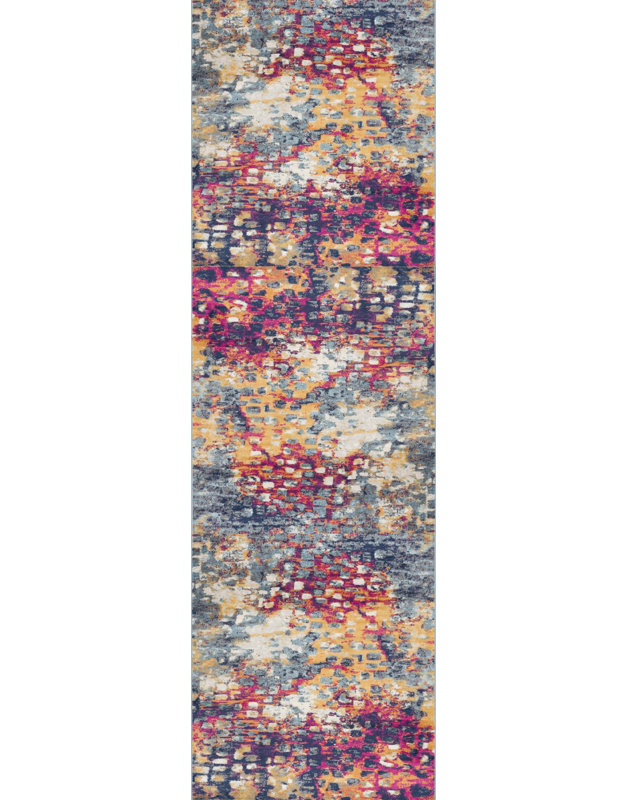 18' Yellow And Blue Abstract Runner Rug