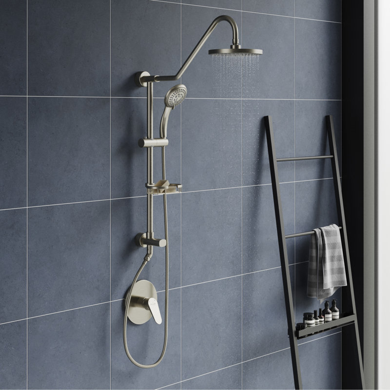 Kauai III 8-in Rain Showerhead Shower System with Slide Bar and Integrated Soap Dish, Brushed Nickel
