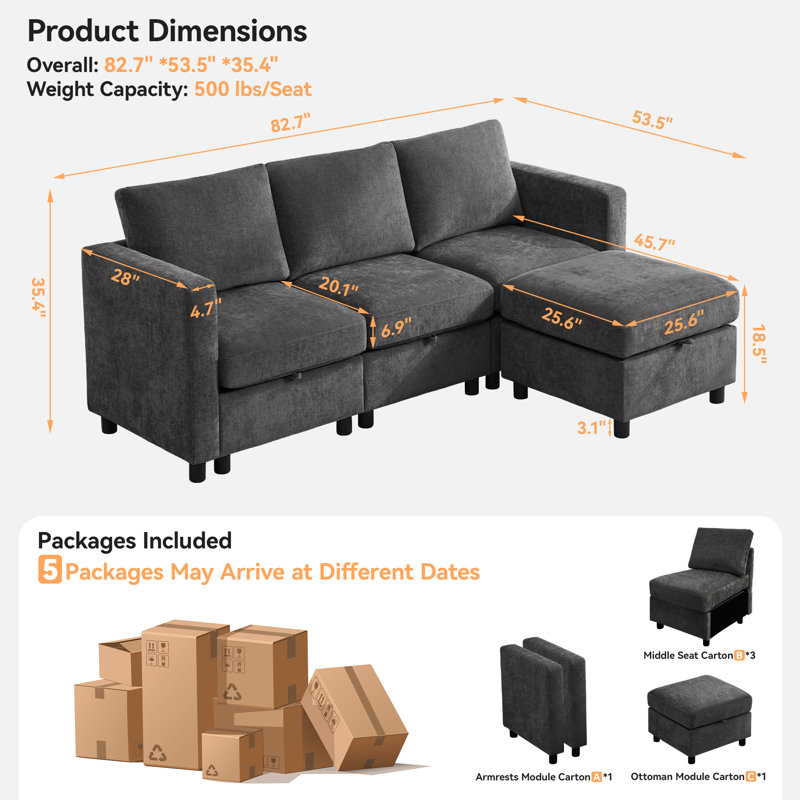 4 - Piece 82.7" Upholstered L Shape Sofa with Convertible Ottoman, Under-Seat-Storage, Dark Gray Chenille