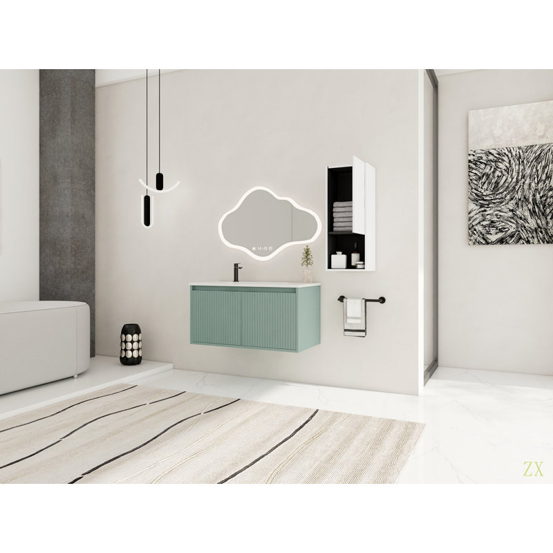 Meuble-lavabo flottant 36 po avec lavabo en résine en forme de goutte, armoire latérale et portes à fermeture douce, armoire combinée (emballage KD)